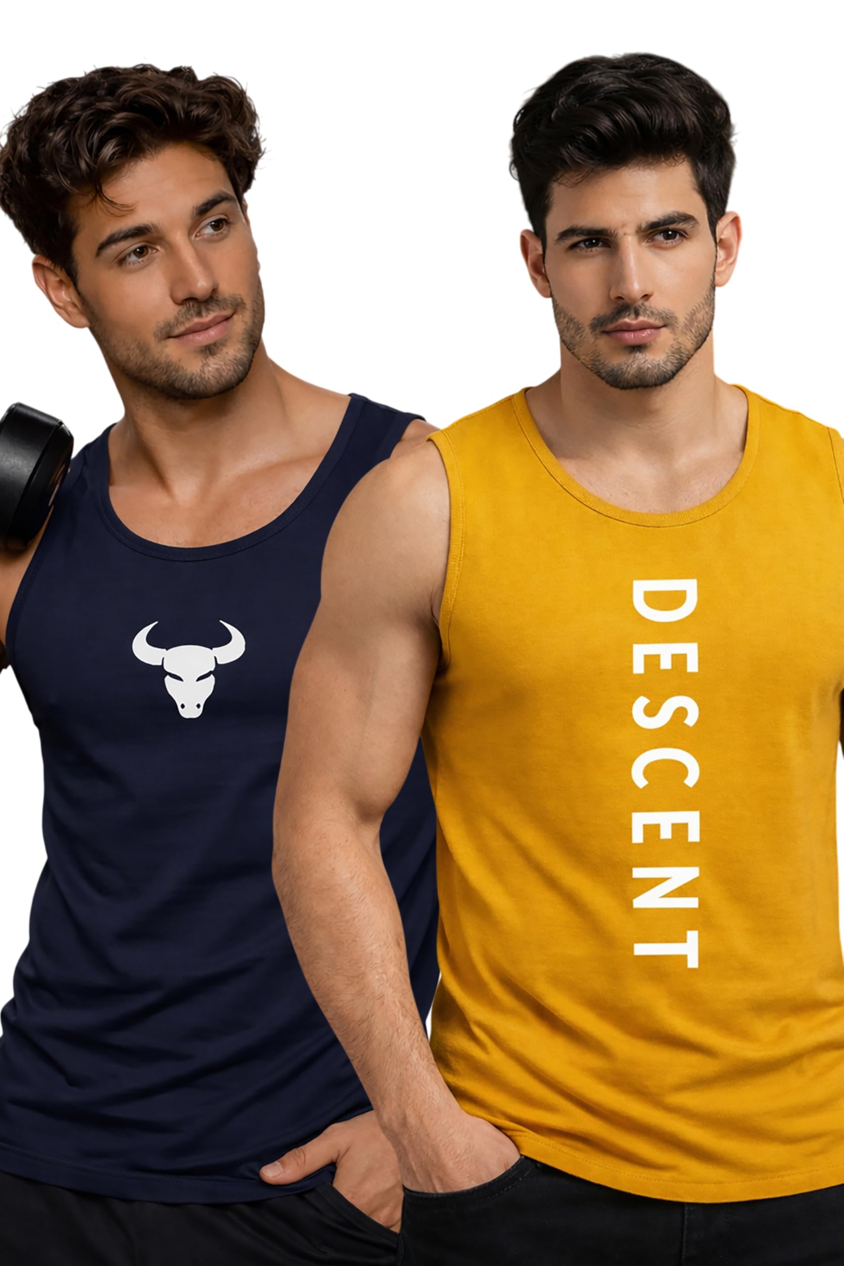 Polyester Letter Printed Vest for Men - Pack of 2 - Yellow & Navy Blue | Round Neck | Sleeveless | Regular Fit | Summer & Gym Wear Tank Top for Men-image-42