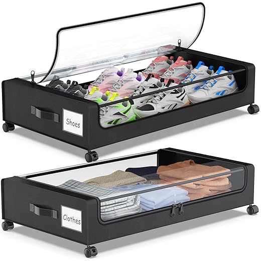 Under Bed Storage Containers with Wheels, XXL 60L Under Bed Shoe Storage Organizer Bins, Double Zipper, Clear Lids, 2 Handles – Ideal for Clothes Shoes Blankets (Black, 2 Pack)