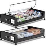 Under Bed Storage with Wheels, 2-Pack Underbed Storage Containers with Clear Lids, Under Bed Shoe Storage Organizer, Rolling Under the Bed Storage Bins for Clothes Shoes Blankets (Black)