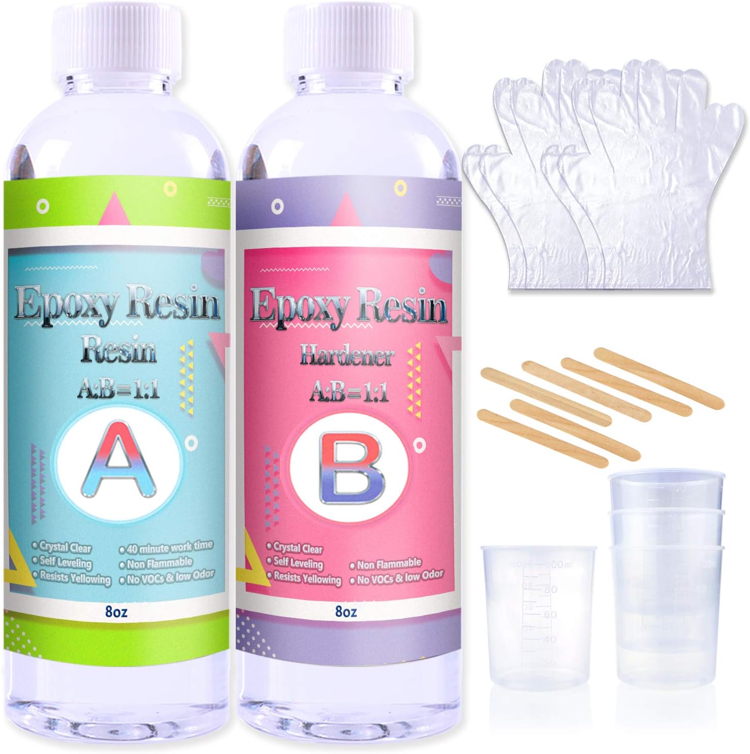 Epoxy Resin Coating Kit - 16 Ounce Kit Crystal Clear Resin for Art, Jewelry, Art Work,Wood finishes, See Through Encapsulations - Bonus 4 pcs Graduated Cups, 6pcs Sticks