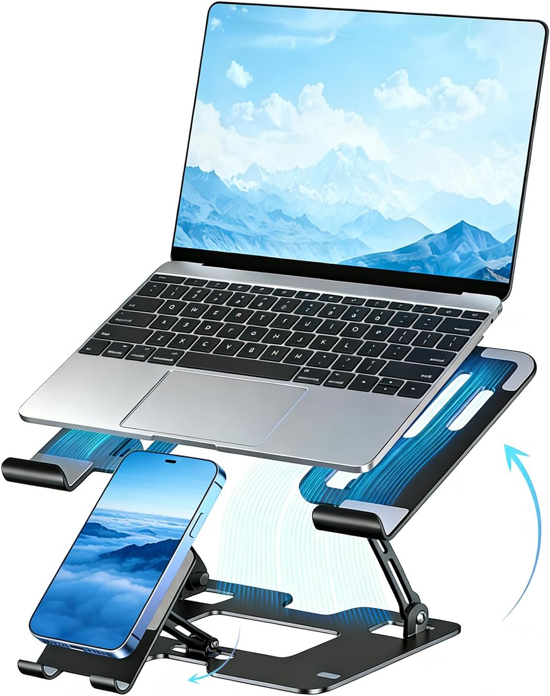 Ergonomic 2-in-1 Laptop Cooling Stand with Phone Holder for Desk, Office Sturdy Height-Adjustable Laptop Riser Fits Most Laptops and Phones