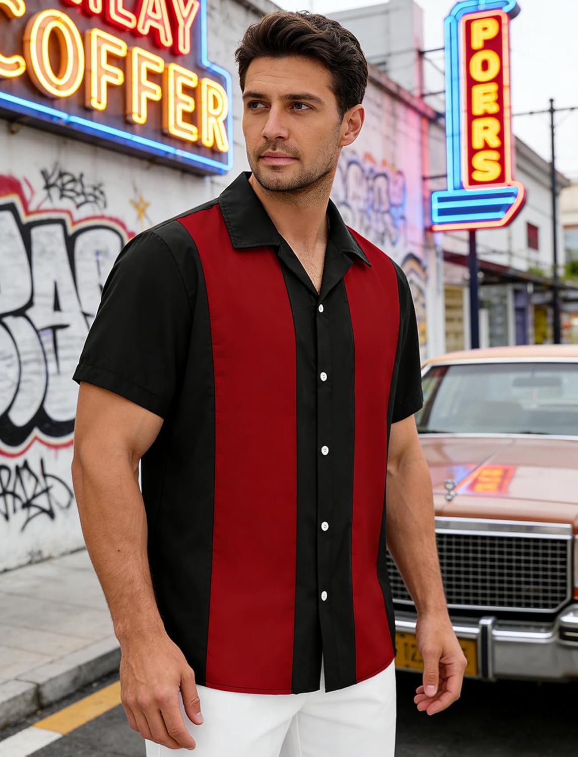 Men's Vintage Bowling Shirts 1950s Retro Short Sleeve Outfits Button Down Summer Cuban Beach Shirt - Image 2