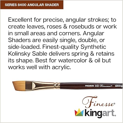 Miniatura 8 de KINGART Premium Finesse 8400-18 Angular Shader Series - Cepillo para artista, pelo sintético Kolinsky Sable, mango corto, para acuarela y pinturas