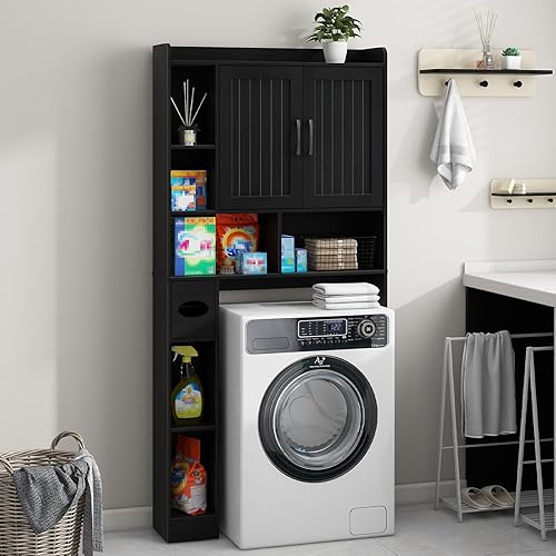 Vista 6 de Vabches Armario de Almacenamiento Sobre el Inodoro, Armario de Almacenamiento Estilo Granja Sobre Inodoro con Puerta de Granero, Estante de Inodoro