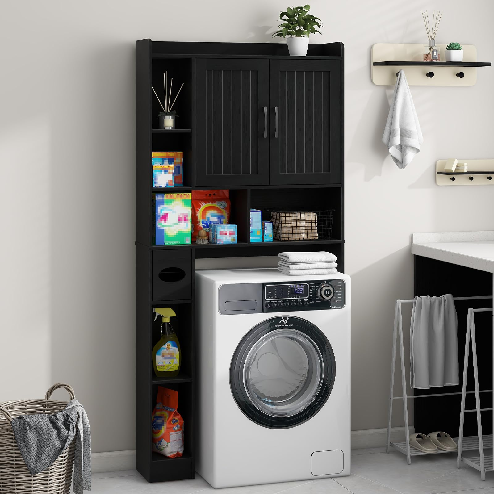 Vabches Over The Toilet Storage Cabinet, Farmhouse Storage Cabinet Over Toilet with Barn Door, Home Space-Saving Toilet Rack, for Bathroom, Restroom, Laundry(Black).: Black Barn Doors