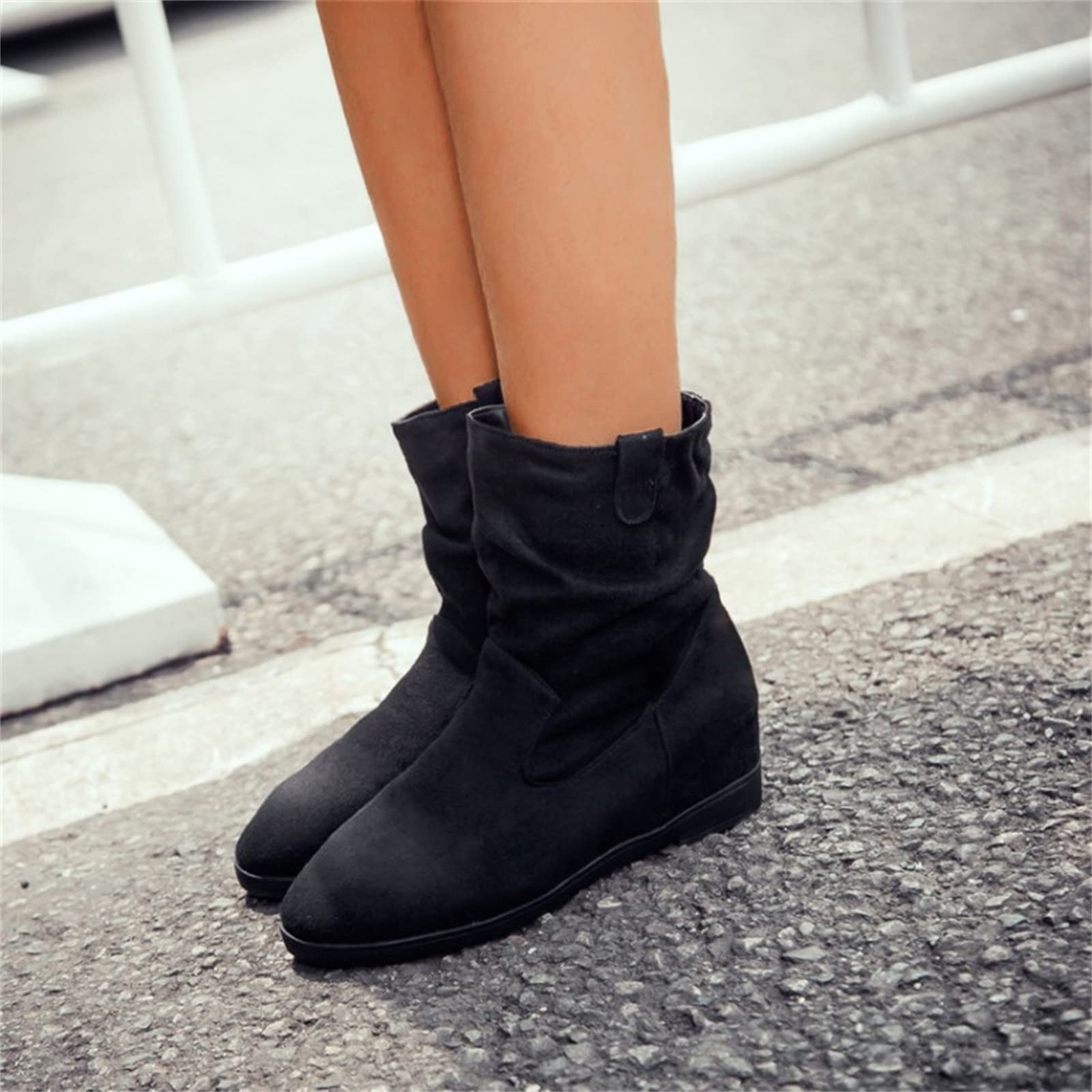 Cocila Botas Casuales De Cabeza Redonda Plisada Ante Color Sólido A La Estilo Británico para Mujer Camperas Blancas Altas Invierno Planas Barefoot Botines Tacon Fino Bajo Planos Pitillos Lluvia