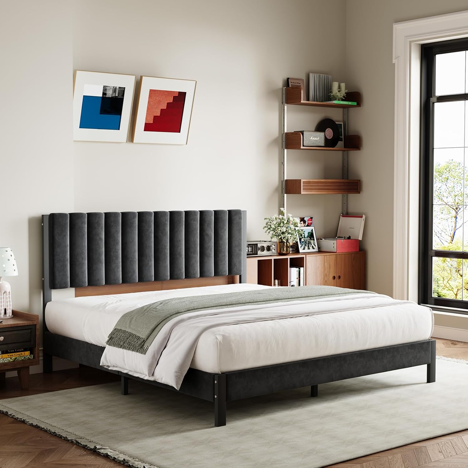 Avenco King Size Bed Frame with Velvet Upholstered Piano Keys Headboard, Metal Bed Frame Platform Design with Metal Slats for Bedroom, Black