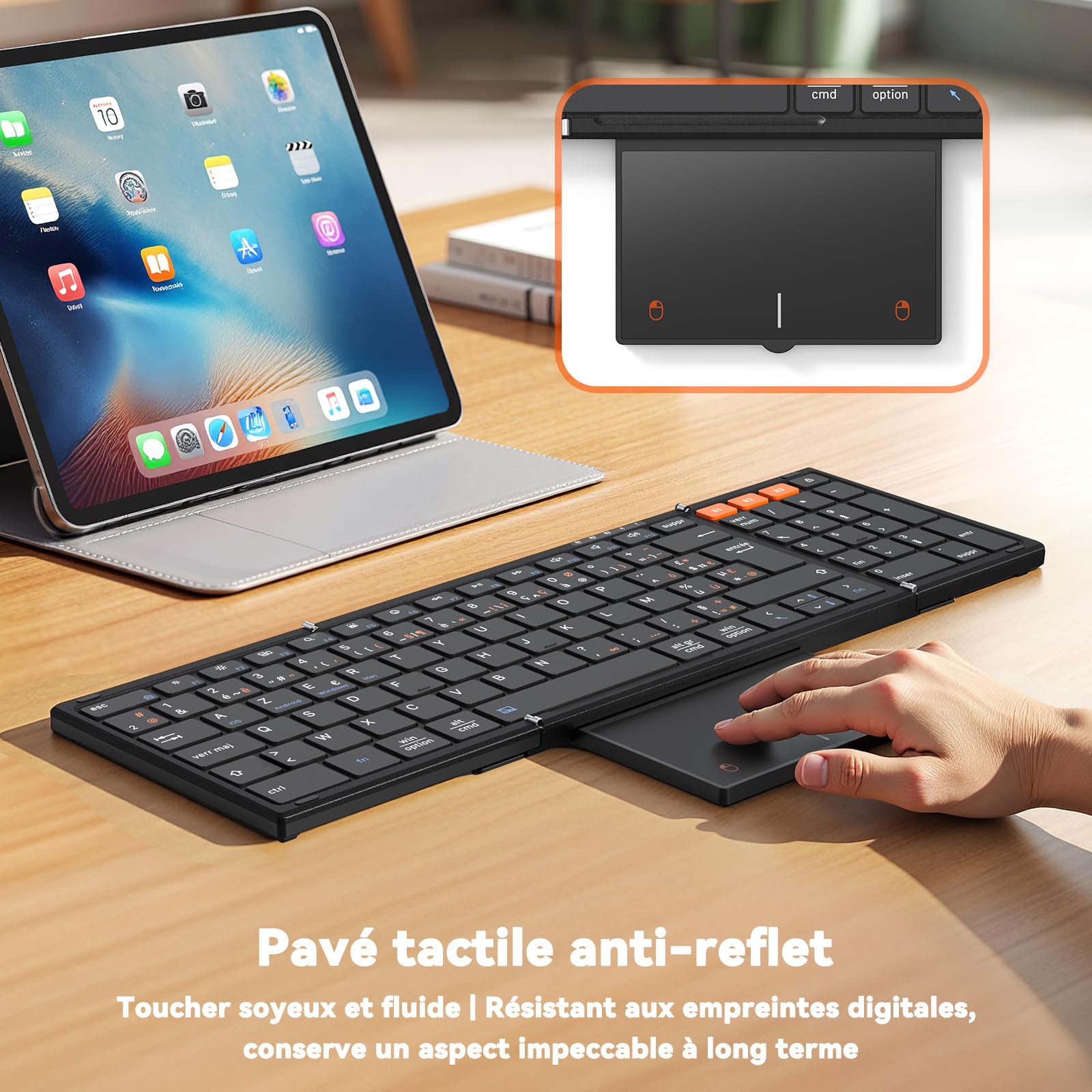 MEETION Clavier Bluetooth Pliable Avec Pavé Tactile, Clavier Portable Sans Fil AZERTY, Clavier Pliable Full-Size Rechargeable, Compatible Avec Android, Windows, iOS, Tablettes Et Ordinateurs Portables