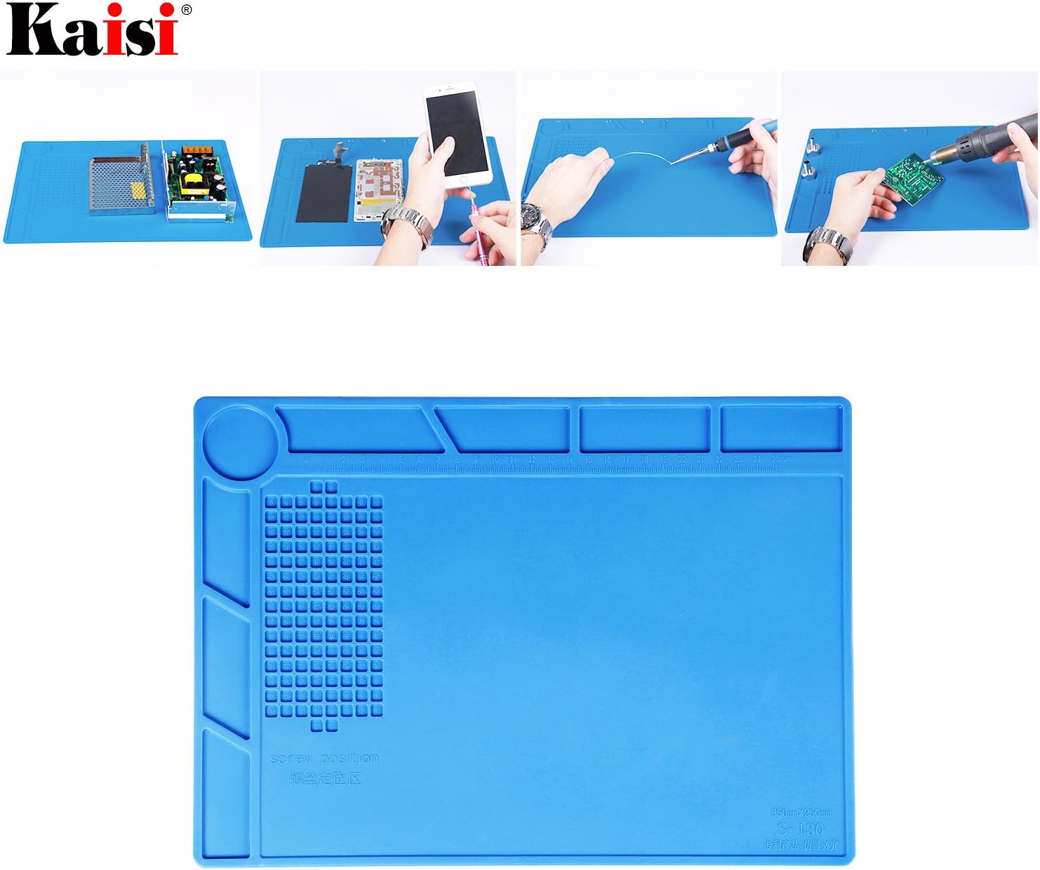 Kaisi Heat Insulation Silicone Repair Mat with Scale Ruler and Screw Position for Soldering Iron, Phone and Computer Repair Size: 13.7 x 9.8 Inches