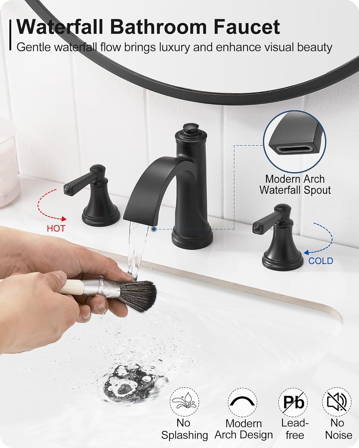 Matte Black Bathroom Faucet 3 Hole, Brass Bathroom Waterfall Faucet, 4-16 Inch Bathroom Sink Faucets, 2 Handle Widespread Faucet for Bathroom Sink with Water Supply Hoses, Pop-Up Drain