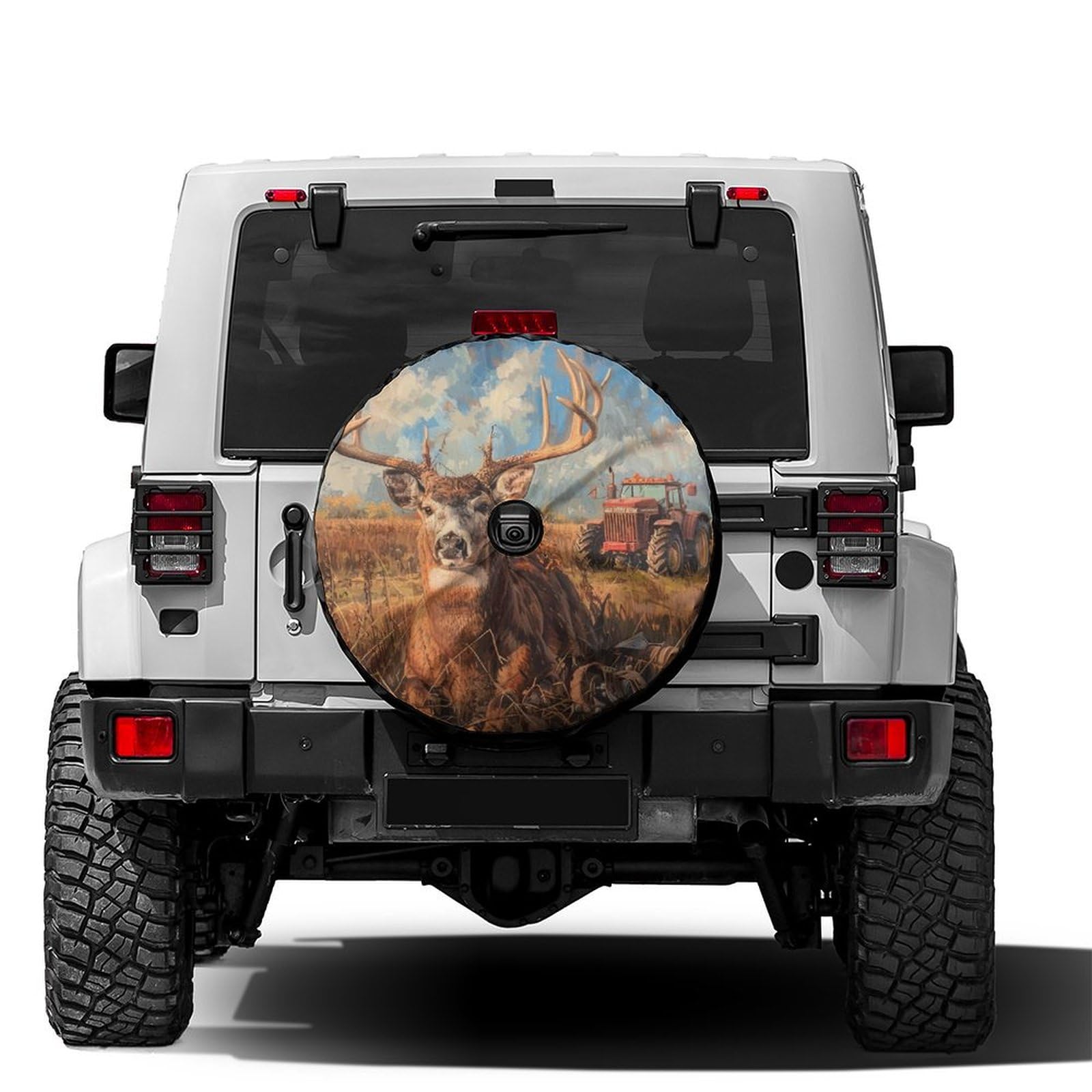 Dujiea Deer with Tractor Spare Tire Cover with Backup Camera Hole, Universal Wheel Tire Cover Tire Protectors for Trailer RV Van SUV Truck Camper and Many Vehicle 14inch