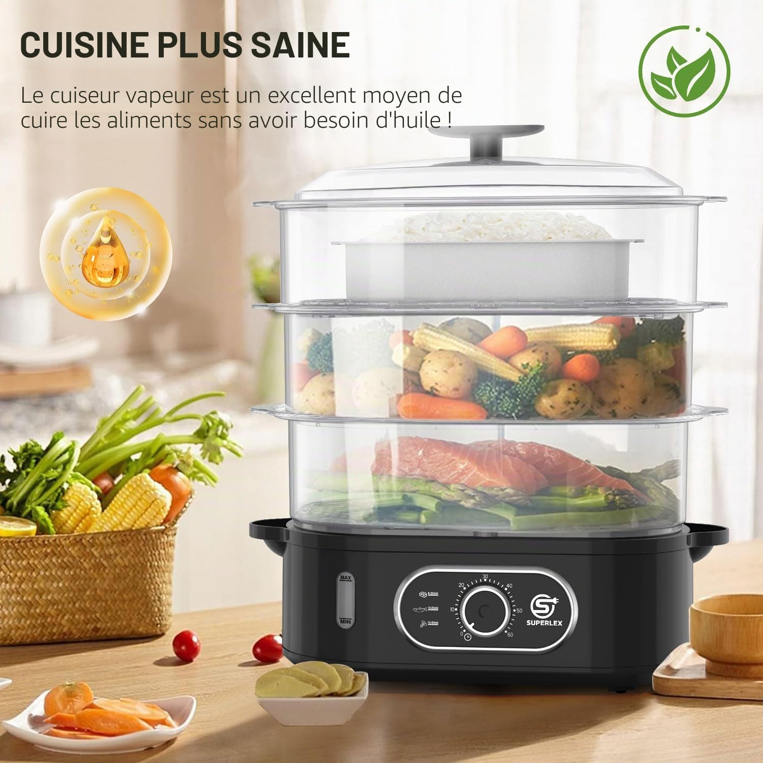 Cuiseur vapeur électrique à 3 niveaux, cuiseur à la vapeur pour légumes avec une capacité de 12 l, 3 bols de cuisson amovibles et couvercle, minuteur de 60 minutes, arrêt automatique, sans
