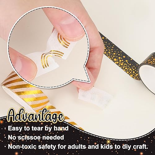 Miniatura 3 de Whaline Juego de 12 rollos de cinta adhesiva con patrón de lámina dorada, diseño de corazón y puntos de arcoíris, cinta adhesiva decorativa para