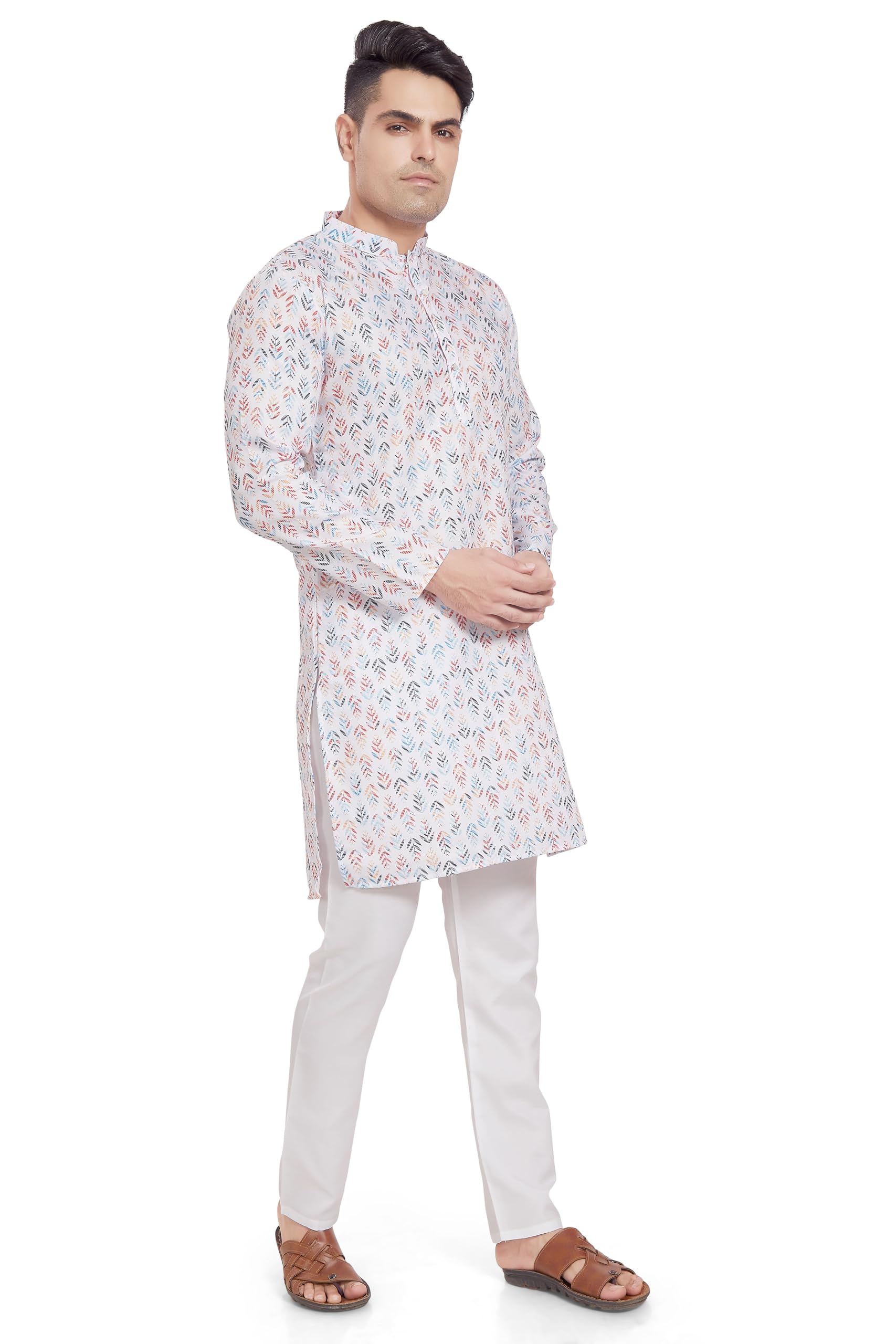 Divisive Men's Linen Blend Digital Printed Slim Fit Only Kurta (Dkrt361_S_Multi_11)