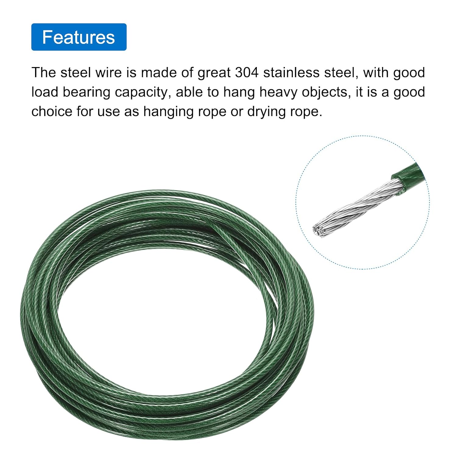 MECCANIXITY 33Ft(10M) Wire Rope 304 Stainless Steel Cable 3/16" (5 mm) Vinyl Coated with 2pcs Screw Chuck for Hanging, Clotheslines, Lifting Green