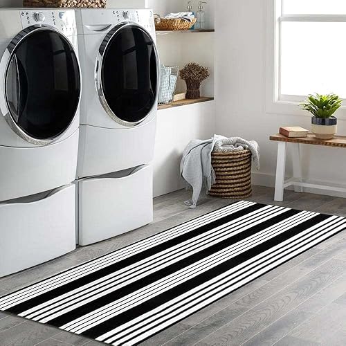 Miniatura 5 de Alfombra de pasillo en blanco y negro de 2 x 6 pies, lavable a máquina, alfombra de camino de cocina a rayas, de algodón, tejida a mano, para