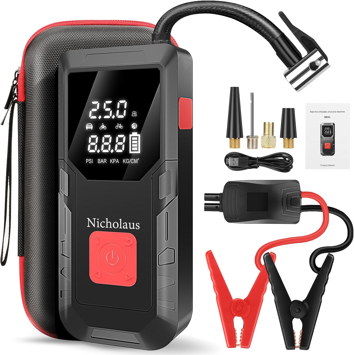 12 V Car 8000 mAh Battery Jump Starter 2800A with 150psI Air Compressor, Compact and Practical Edition QB08L Safe Smart, Portable Jump Box and Charger for 6.0L Gas and 3.0L Diesel Engines.