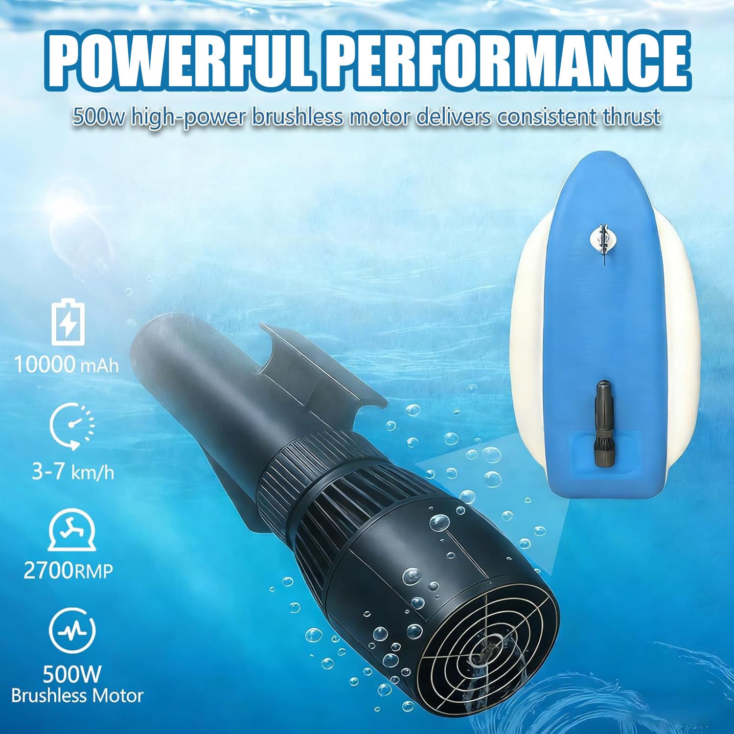 Scooter Submarino y Kayak 2 en 1 – Desmontable para Snorkel y Buceo | Potente motor 500W y batería 10000mAh – velocidad 3-7 km/h y autonomía hasta 130 min,Profundidad máxima 40m