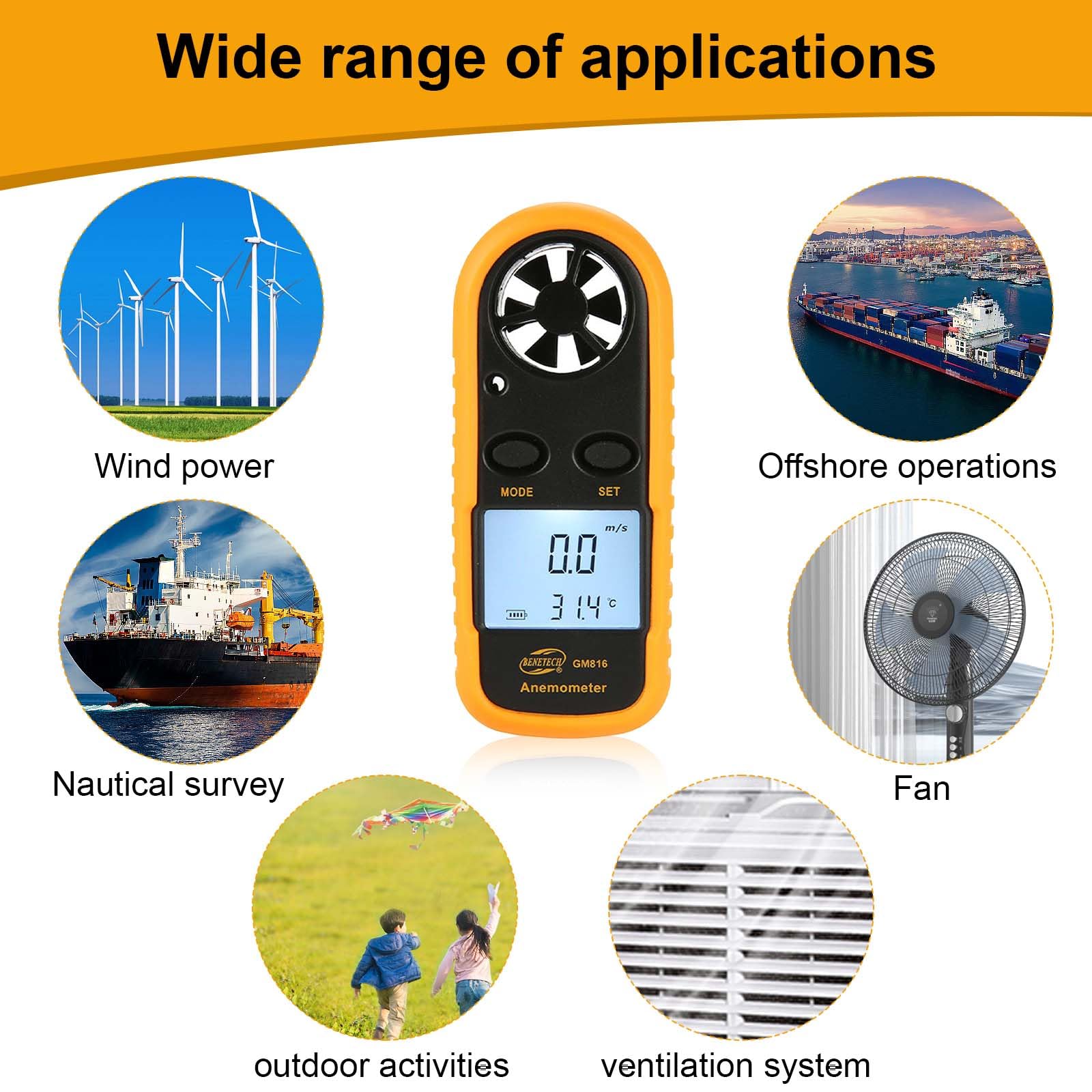 Anémomètre numérique portable pour mesurer la vitesse du vent/la température/le refroidissement éolien, pour drone, voile, surf, pêche