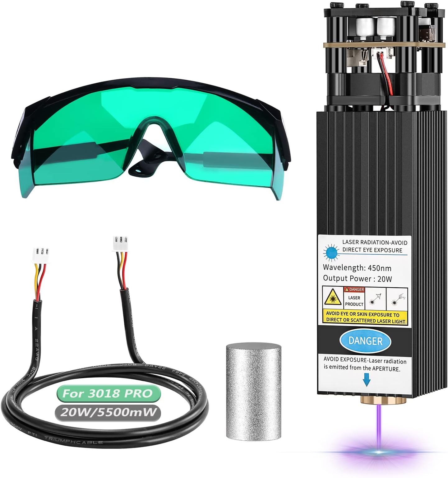 20W Engraving Module Kit for 3018 CNC Router Machine, 5.5W Optical Power 12V 450nm Engraving Head for 3018 Pro/3020 PLUS, Engraving Tool for Wood and Metal DIY