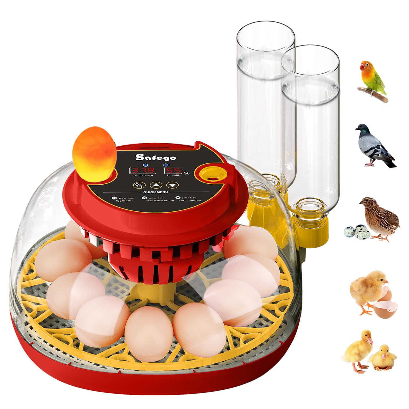 自動孵化器 孵卵器 自動転卵/給水/回転/温度制御 インキュベーター 羽化機-うずら 鶏 12卵 検卵ライト付き 恒温器 インコ アヒルなど家畜・鳥類専用 あたため機械 Safego おすすめ 簡単操作 子供教育用 低騒音 (赤と黄色) 【日本語説明書付き】