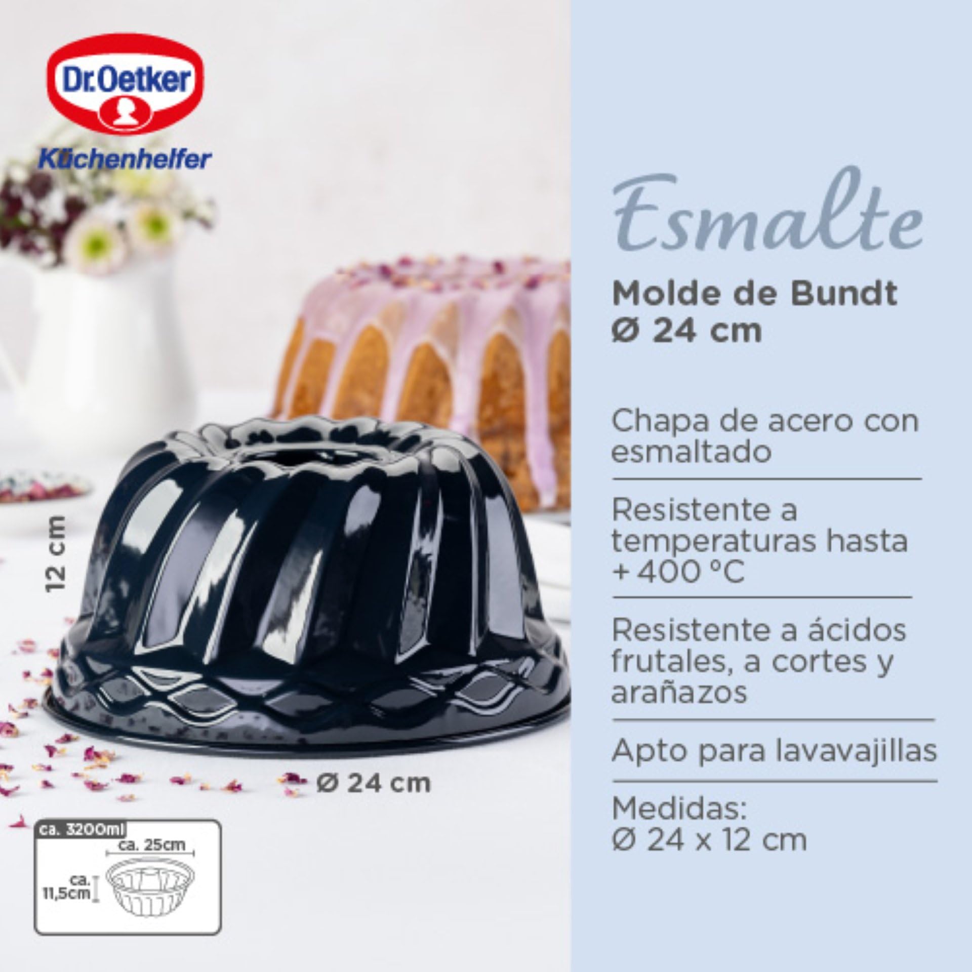 Dr. Oetker Molde Rosco Alto redondo para bizcochos, flanes y tartas, base esmaltada y antiadherente de cuidada calidad, 24cm, 1ud. BACK-LIEBE