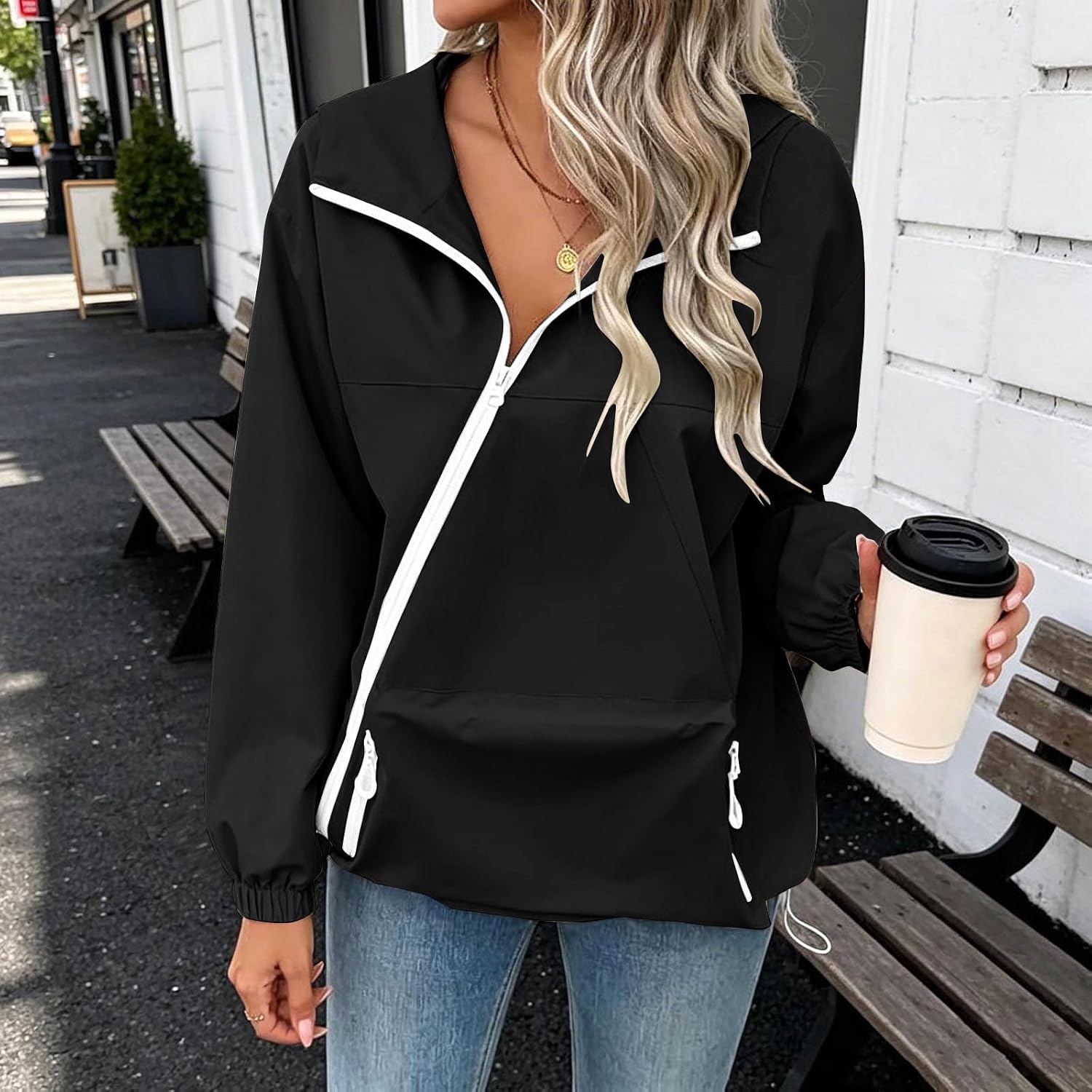 Women Sun Protection Hooded Jacket Zipper Long Sleeve Windproof Outdoor Coat Hiking Trip Outerwear with Pockets