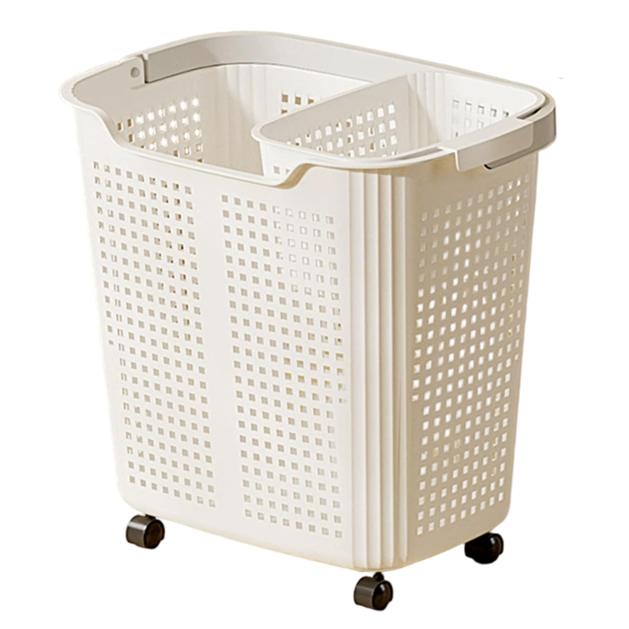 StaZamor 2PCS Rolling Laundry Basket with Wheels & Handle, Ventilated White Plastic Laundry Hamper with Wheels for Bathroom, Bedroom, Dorm