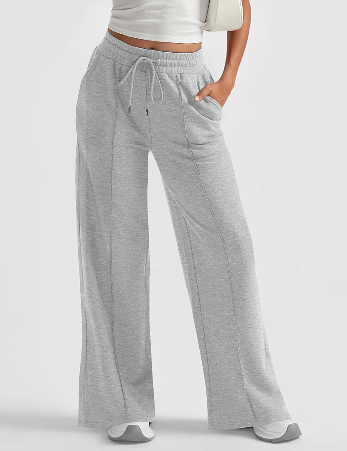 Womens Baggy Wide Leg Athletic Track Sweatpants High Waisted Drawstring Workout Joggers with Pockets (Grey, Medium) - Image 2