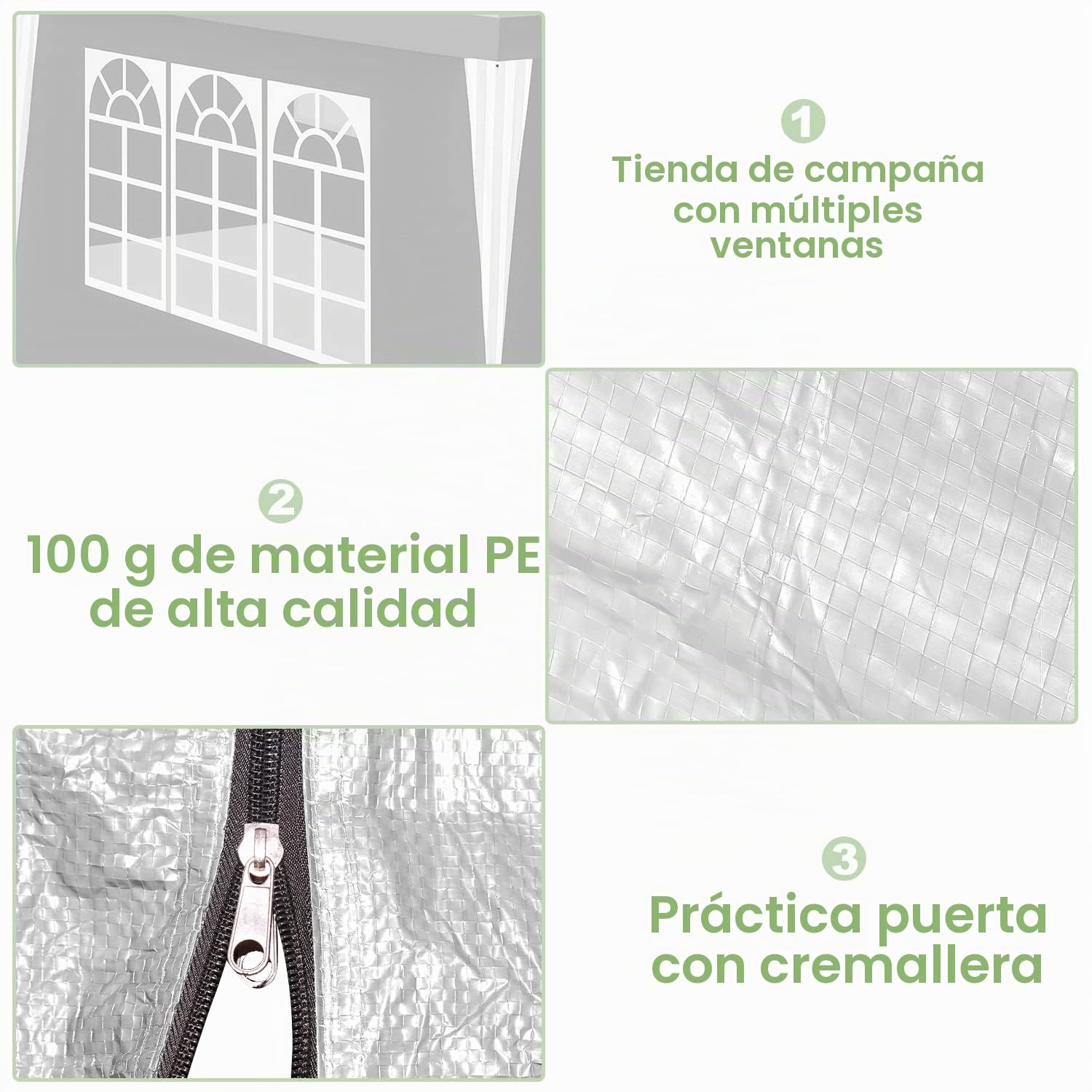 Pabellón 3x3 m Carpa Impermeable Resistente a los UV Tarpaulín para Jardín 100g/m² Carpa de Cerveza PE Tarpaulin para Festival con 4 Partes Laterales Blanco