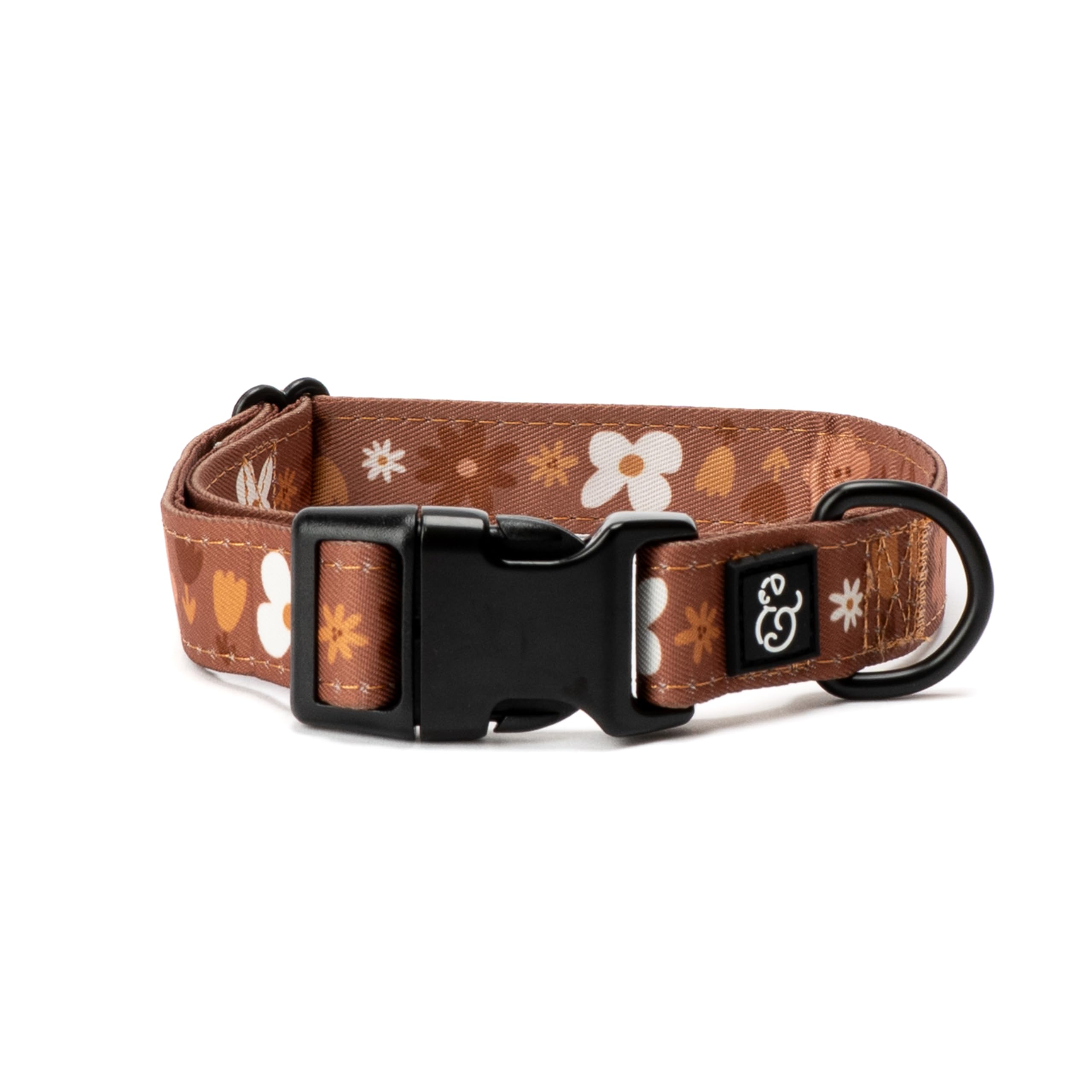 Lucy & Co. Chocolate Meadows Dog Collar - Durable Lightweight Designer Collar for Pets - Adjustable Metal Safety Buckle (Large, Brown & White Floral)