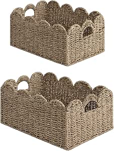 StorageWorks Scalloped Edge Wicker Basket, Hand-woven Rattan Baskets with Built-in Handles, Seagrass Basket for Organizing and Decor, 2 Pack