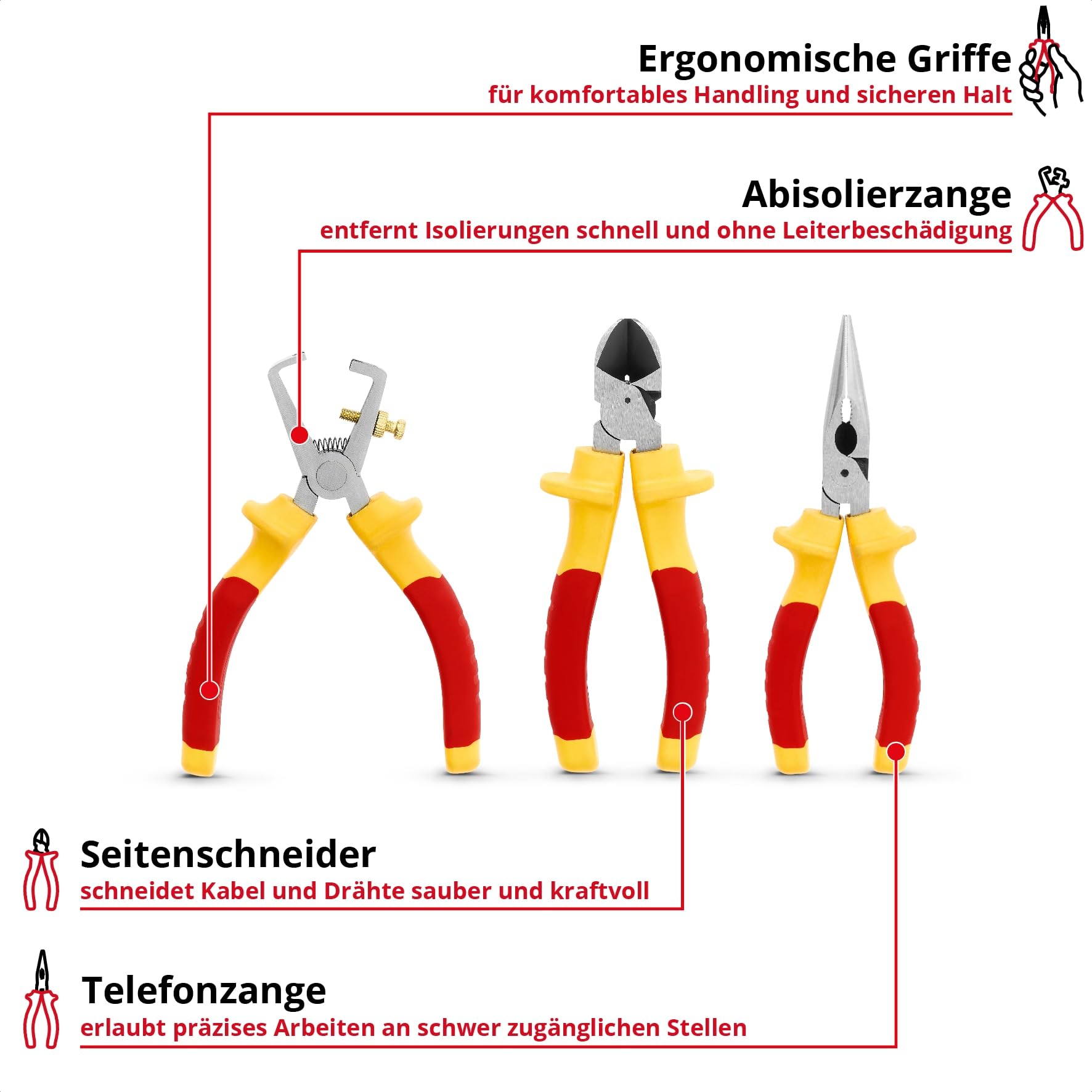 Original Einhell - Juego de 3 alicates para electricista (aislamiento hasta 1000 voltios, cortador lateral, pelacables, nariz larga, asas ergonómicas para instalaciones)