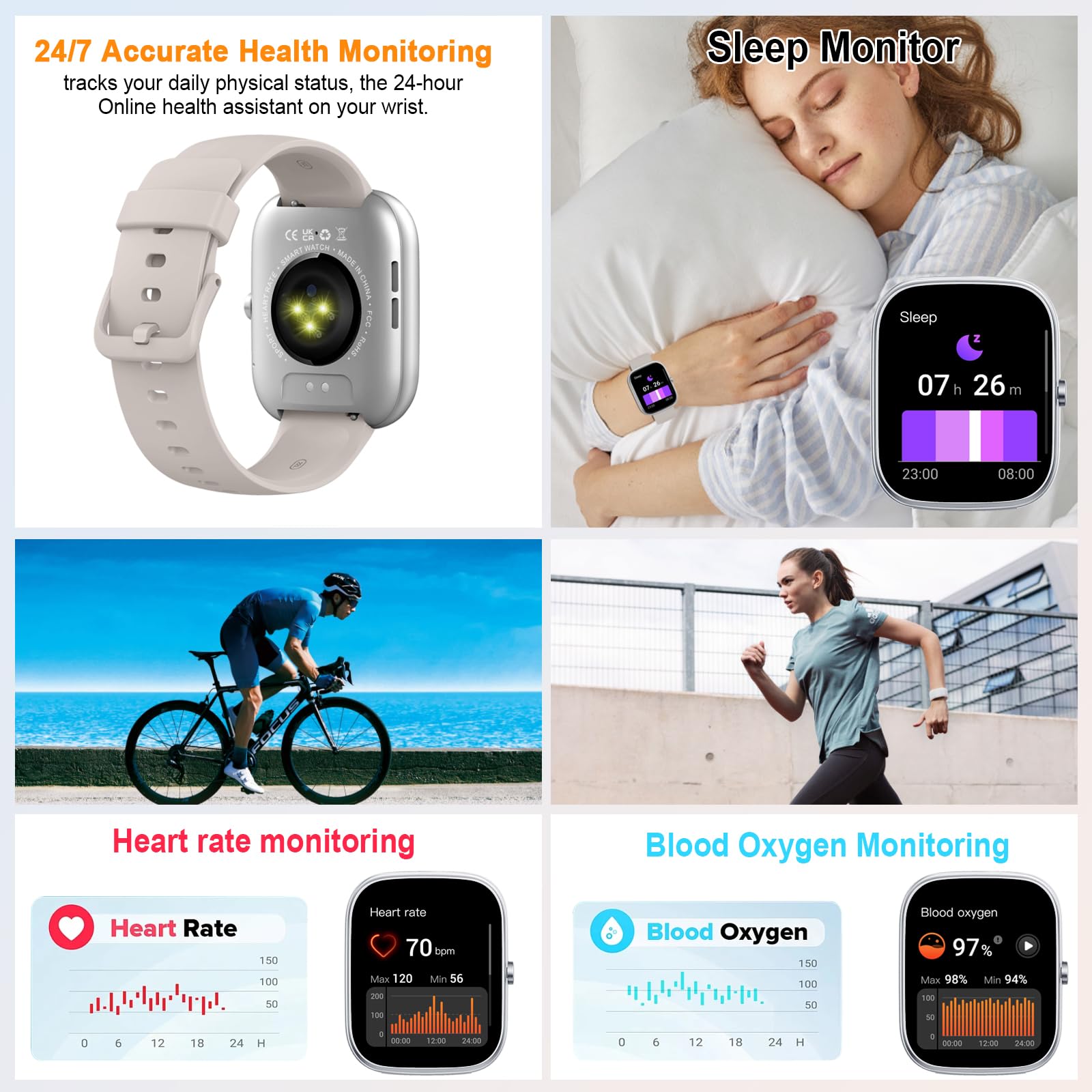 Smartwatch Uomo Donna, 1.91" Orologio Fitness con Effettua/Risposta Chiamate, 110+ Sportive Fitness Tracker, Sonno Cardiofrequenzimetro, Contapassi/Calorie/Impermeabil IP68 Smart Watch, Argento-Beige