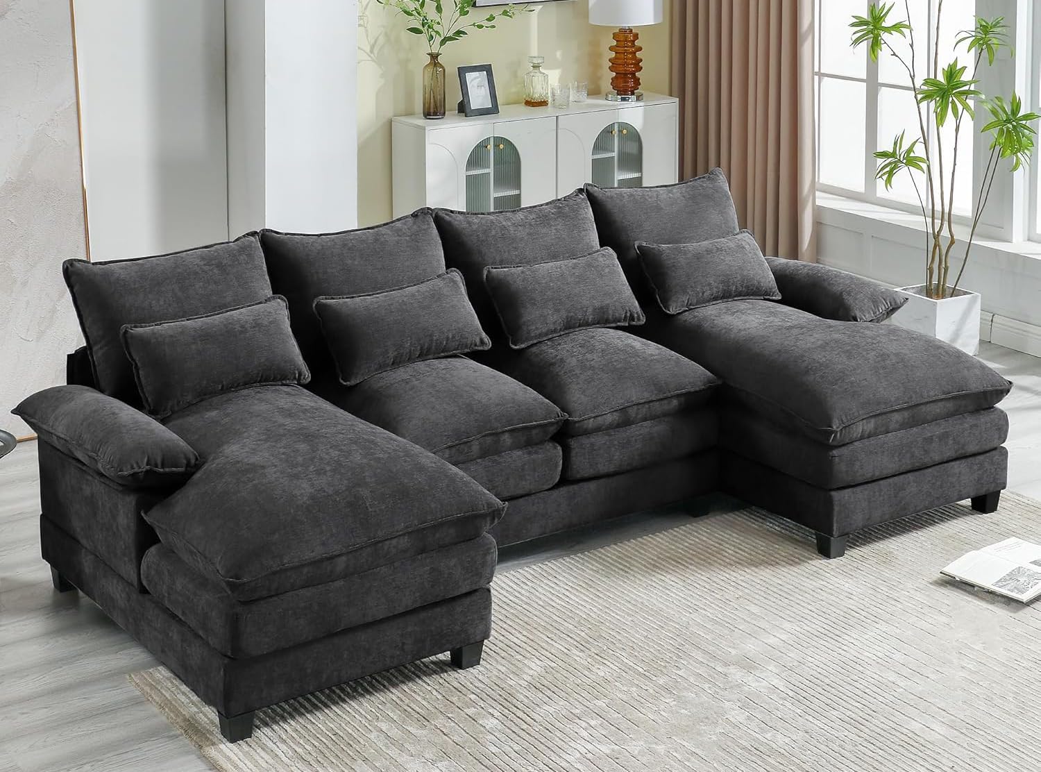 110.2" Modular U Shaped Cloud Couch, Modern 4-Seat Chenille Upholstery Sectional Sofa with Double Chaise & Double Layer Cushions, Deep Seat Comfy Couch for Living Room, Bedroom, Apartment,Grey
