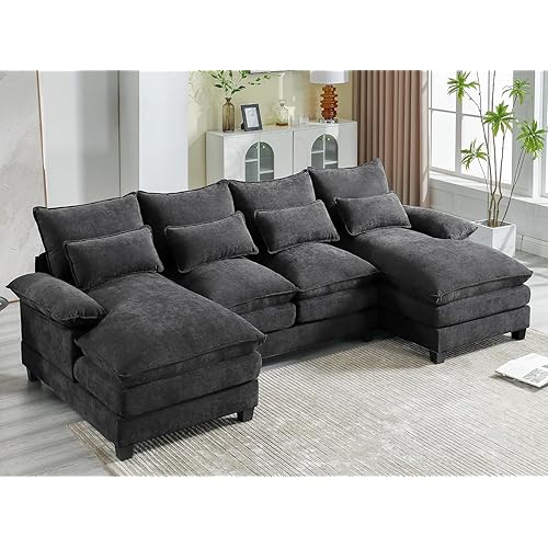 110.2" Modular U Shaped Cloud Couch, Modern 4-Seat Chenille Upholstery Sectional Sofa with Double Chaise & Double Layer Cushions, Deep Seat Comfy Couch for Living Room, Bedroom, Apartment,Grey
