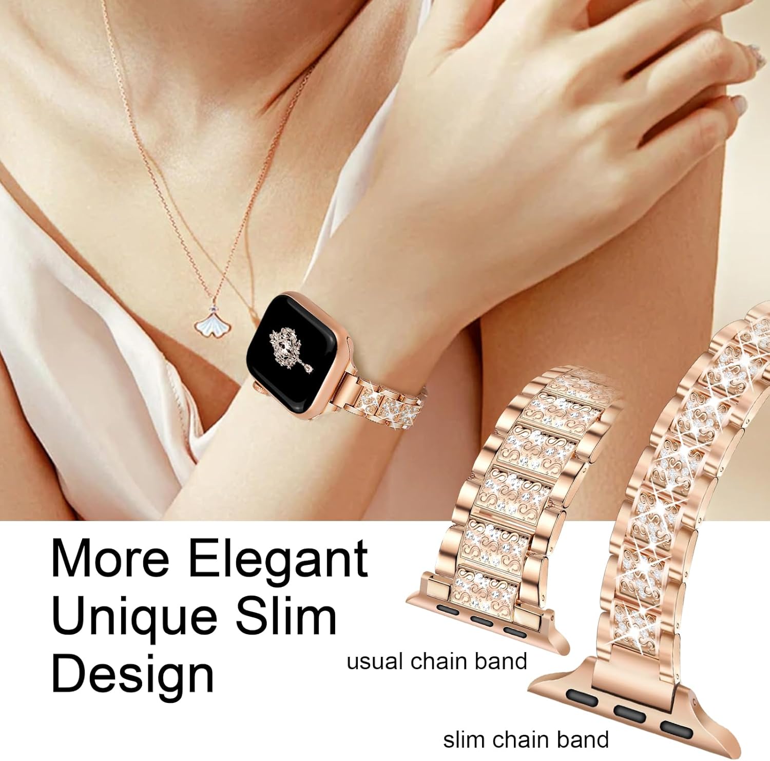 Slim Rose Gold Bling Band for Women Compatible with Apple Watch 38mm 40mm 41mm 42mm (S10/11) Jewelry Replacement Sparkly Diamond Metal Thin Strap for iWatch Series 11/10/9/8/7/6/5/4/3/2/1/SE - Image 3