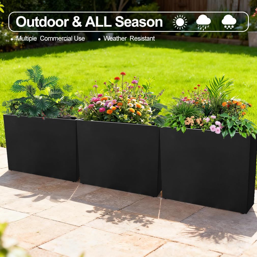 Metal Tall Long Planter Box Large Rectangular Planter Flower Pot with Drainage Holes for Indoor Outdoor Deck Porch Garden Home Patio Front Door (Black, 36" L x 11" W x 32" H)