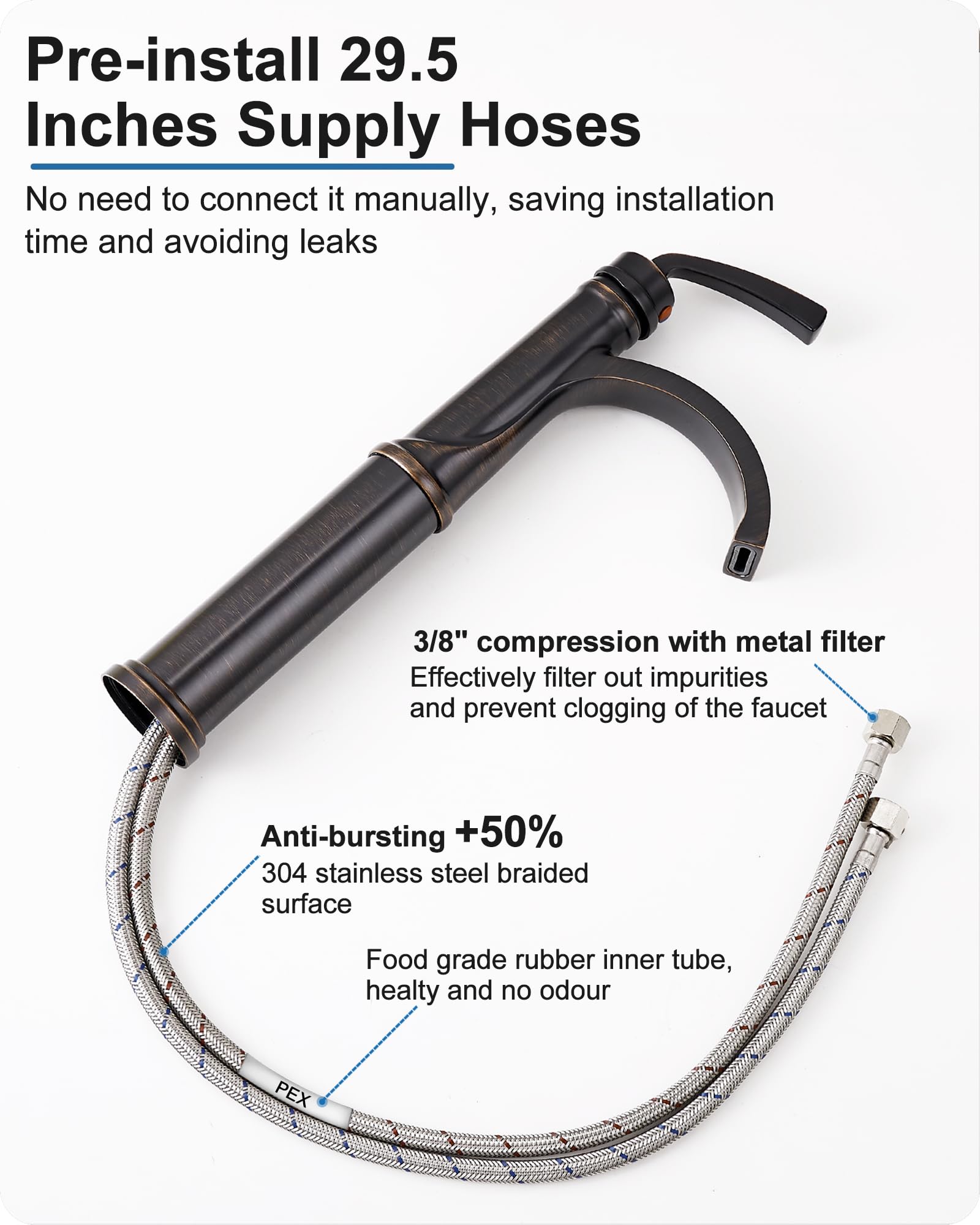 Waterfall Vessel Sink Faucet Oil Rubbed Bronze Brass Tall Bathroom Faucet with Pop-up Drain cUPC Supply Hoses Single — view 8