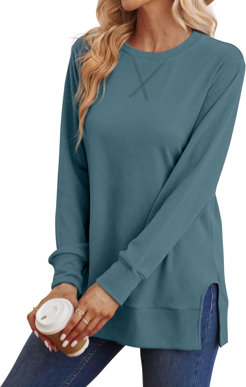 Saloogoe Sweatshirt for women Side Split Fall Fashion 2025 Long Sleeve Shirts Trending Now - Image 2