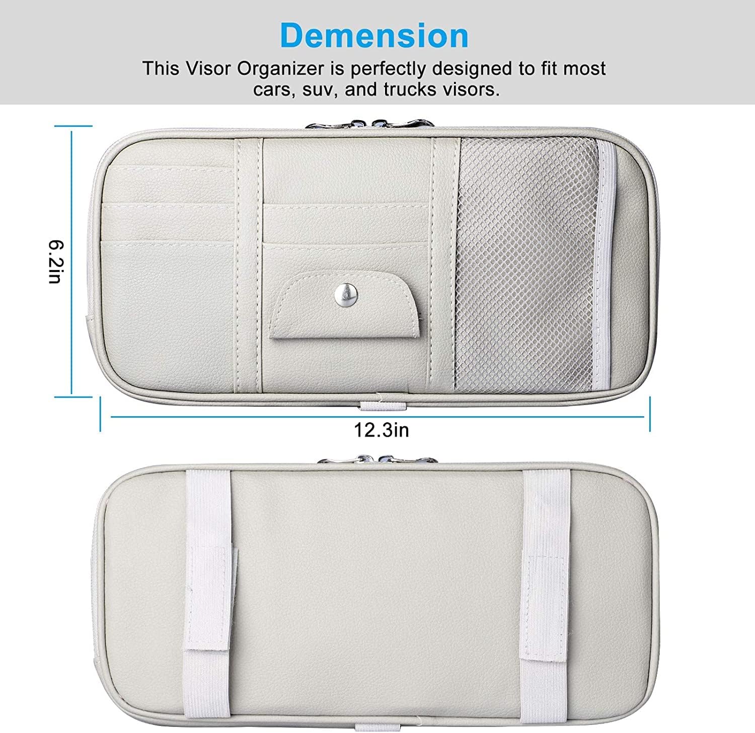 Car Sun Visor Organizer, Auto Interior Accessories Storage Pocket Truck Organizer Pouch Holder Tissue Case Bag for Card License Registration, Sunglass Holder for Car with Multi-Pocket Net Zipper, Gray