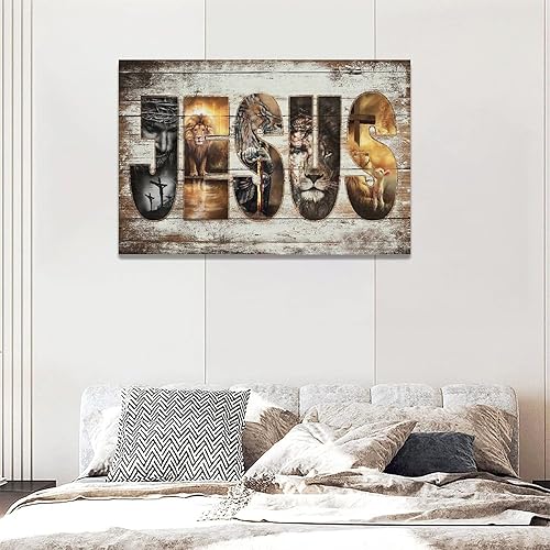 Vista 34 de Póster en lienzo con imágenes de Jesús, león y cordero, impresión en lienzo con texto en inglés "God Bible Christian Religios" para pared, pintura