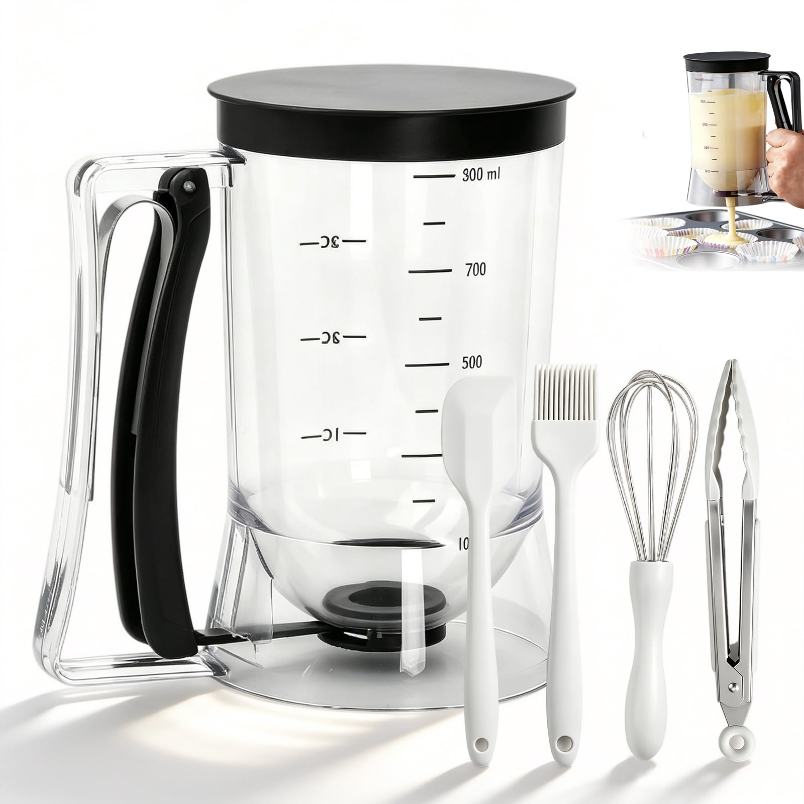 Dispensador de masa para panqueques con batidor y raspador de repostería