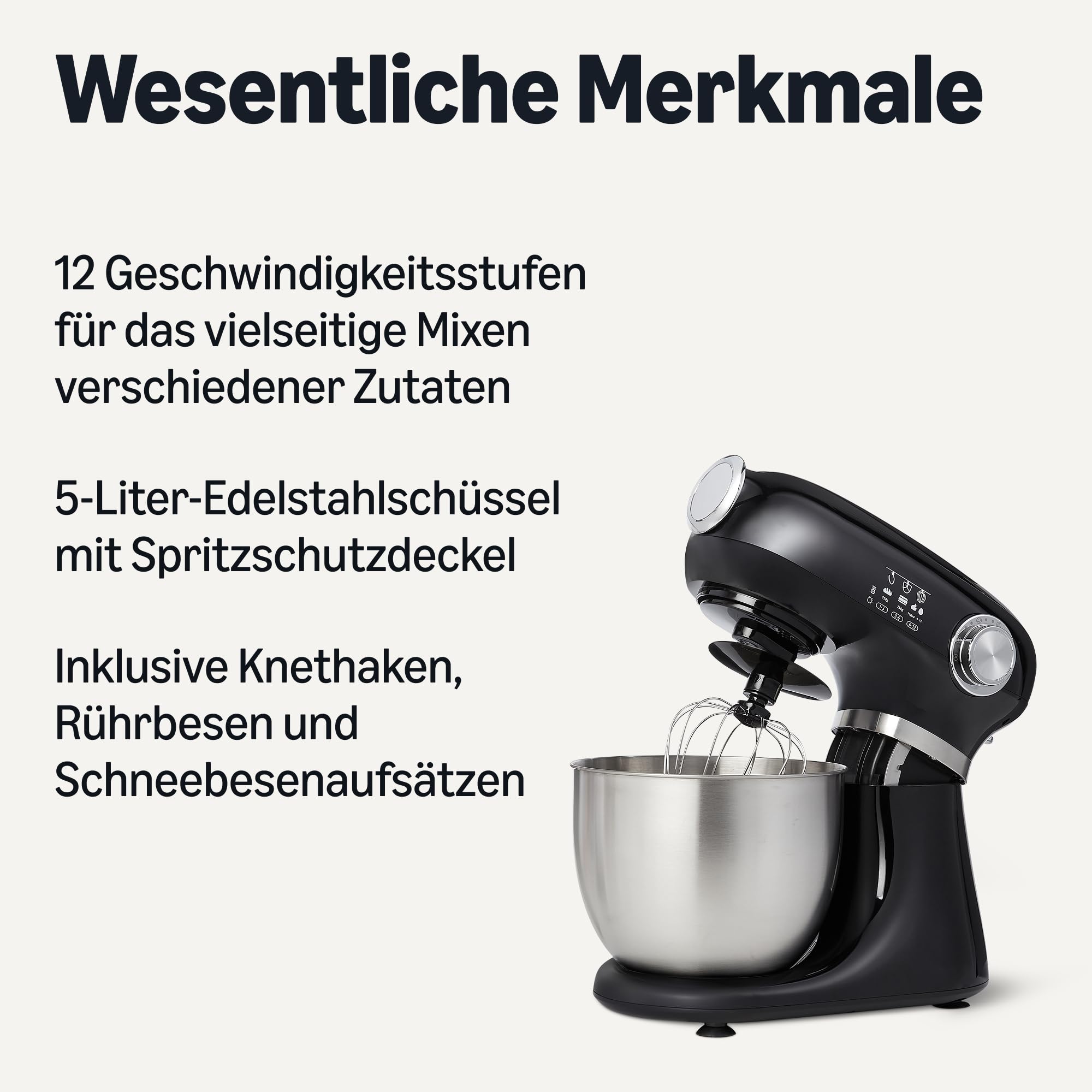 Amazon Basics Küchenmaschine, Knet- und Rührmaschine, 5-l-Schüssel mit 12 Geschwindigkeiten und Puls, 1000 W, Groß, Schwarz