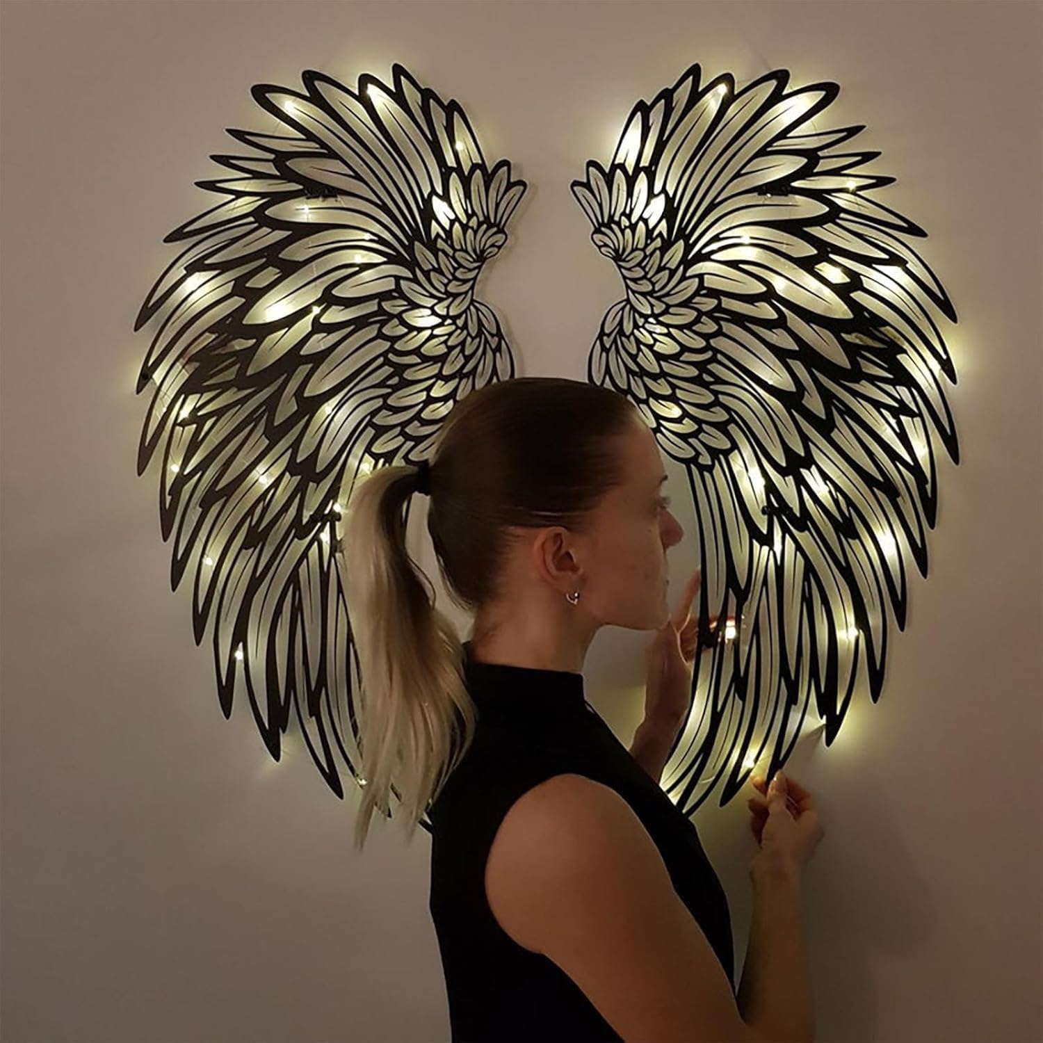 Skrzydła anioła, metalowa dekoracja ścienna, ze światłami LED, do wewnątrz, na zewnątrz, wiszące dekoracje, 35 cm