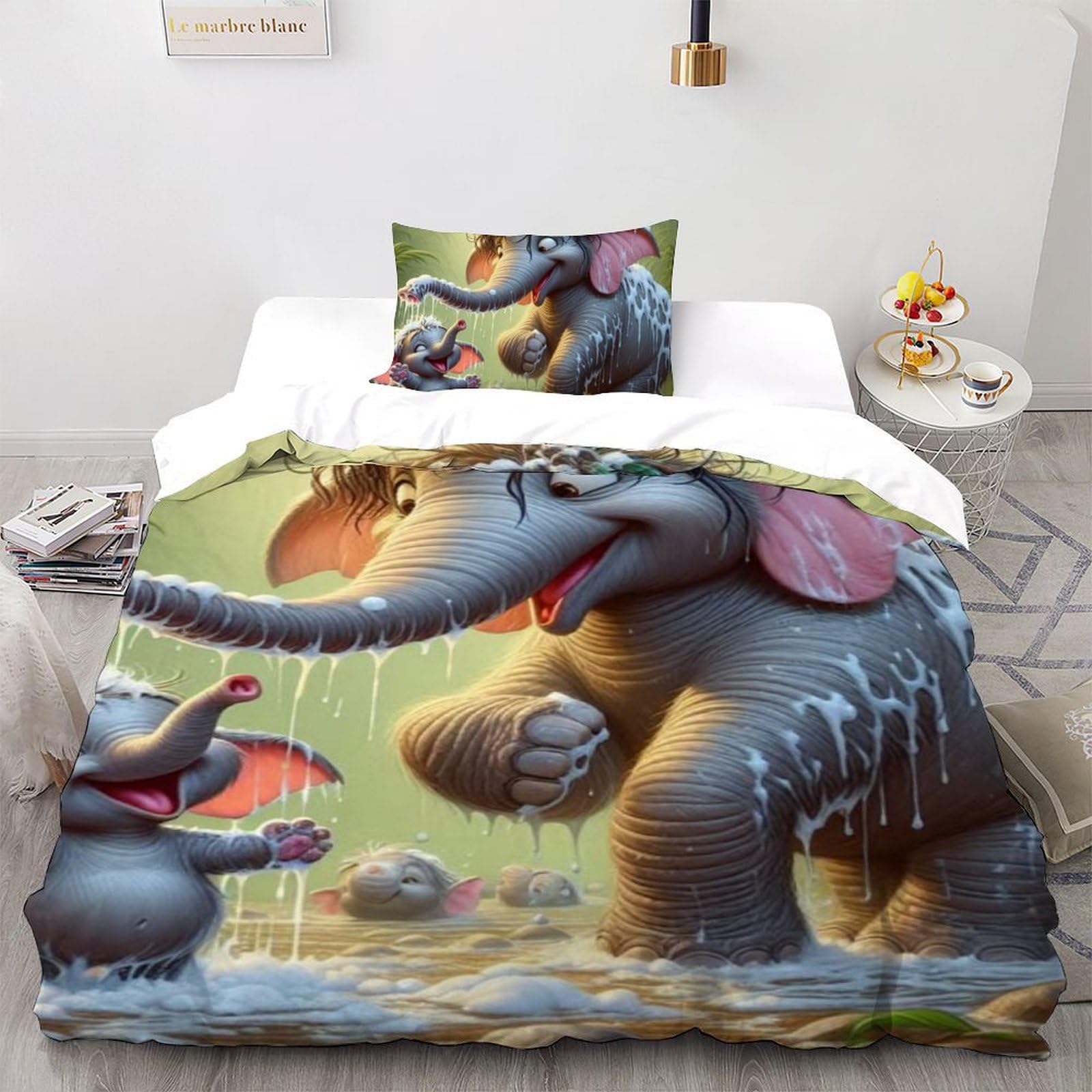 Housse de couette éléphant 3D lit simple en microfibre douce et infroissable pour fille