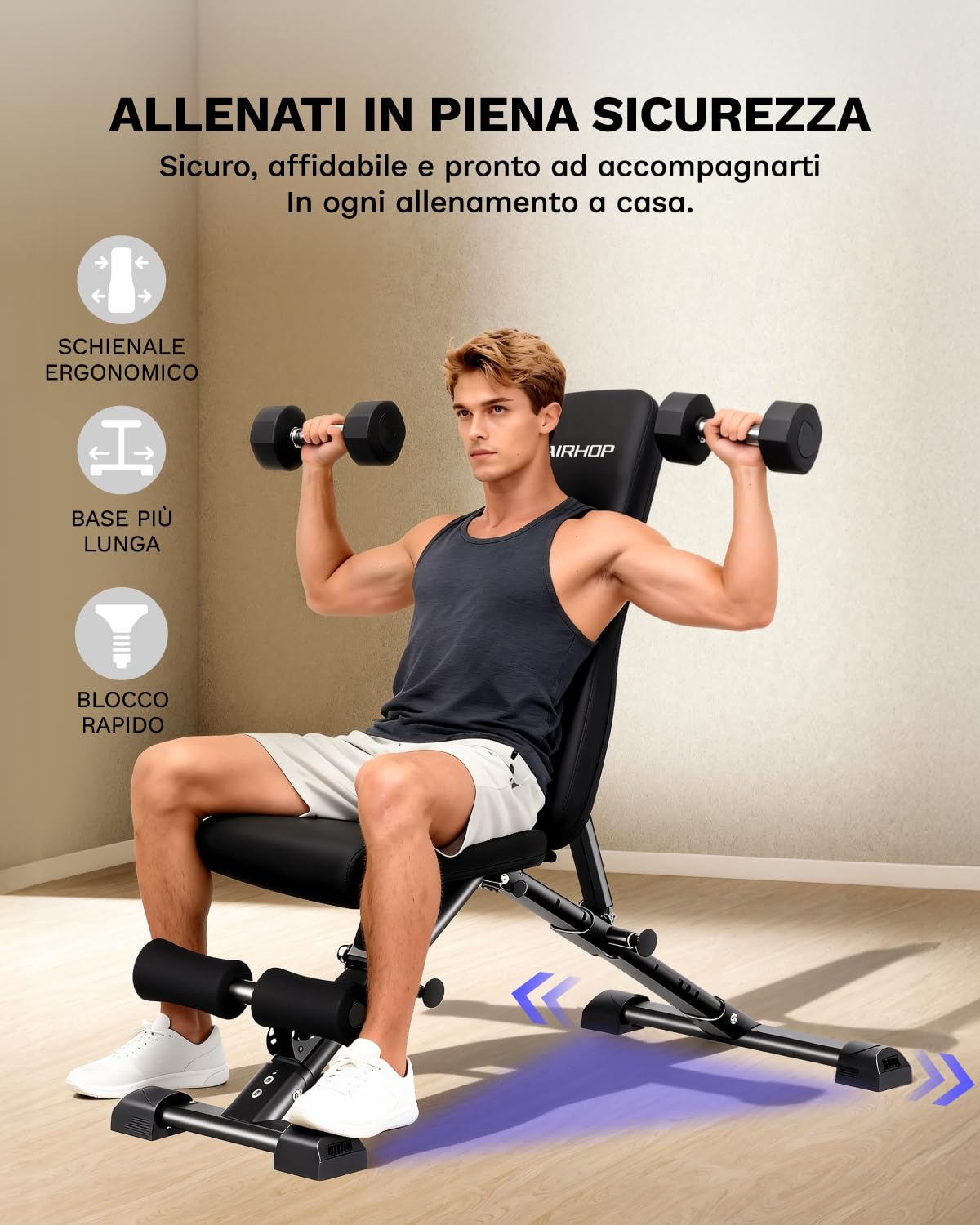 AIRHOP Panca Pesi Regolabile, Panca Palestra Multifunzione per Allenamento, Inclinabile/Declinabile, Rapido Ripiegamento e Risparmio di Spazio, Ideale per Allenamento di Forza a Casa o in Palestra