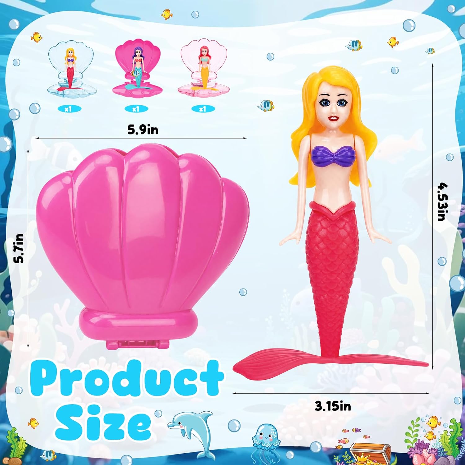 3 Set Mermaid Pool Toys with Shell Case, Twirling Diving Mermaid Bath Toys for Kids Ages 3-12, Bathtub & Swimming Pool Floating & Sinking Shell Auto-Opening, Pool Season Water Game for Girls Boys image 2