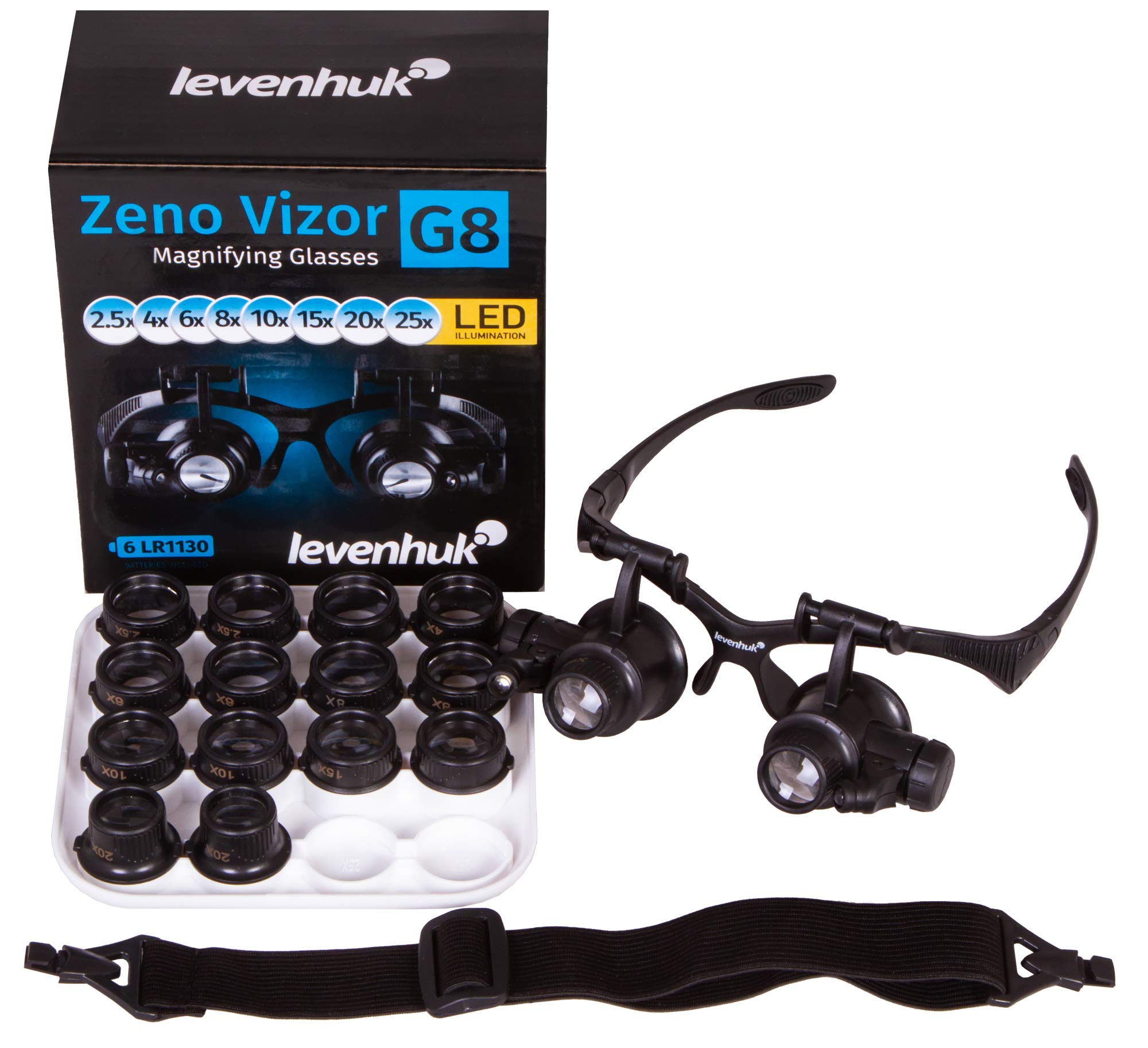 Occhiali con Lenti d’Ingrandimento Levenhuk Zeno Vizor G8 con Luci a LED e Ingrandimento 2.5x, 4x, 6x, 8x, 10x, 15x, 20x e 25x