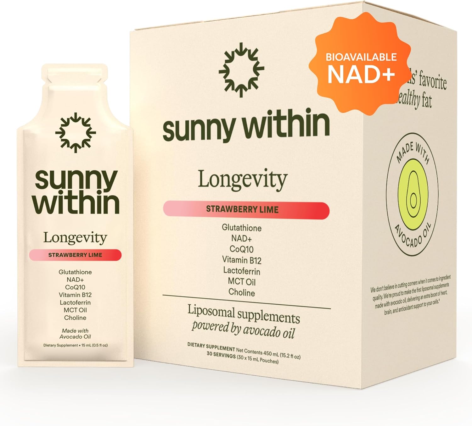 Liposomal Glutathione Supplement NAD+ Longevity Mix w/Liquid NAD+, CoQ10, B12, MCT & Avocado Oil – Cellular Health, Energy, Brain, Gut & Heart Support* – Strawberry Lime – 30 Pouches